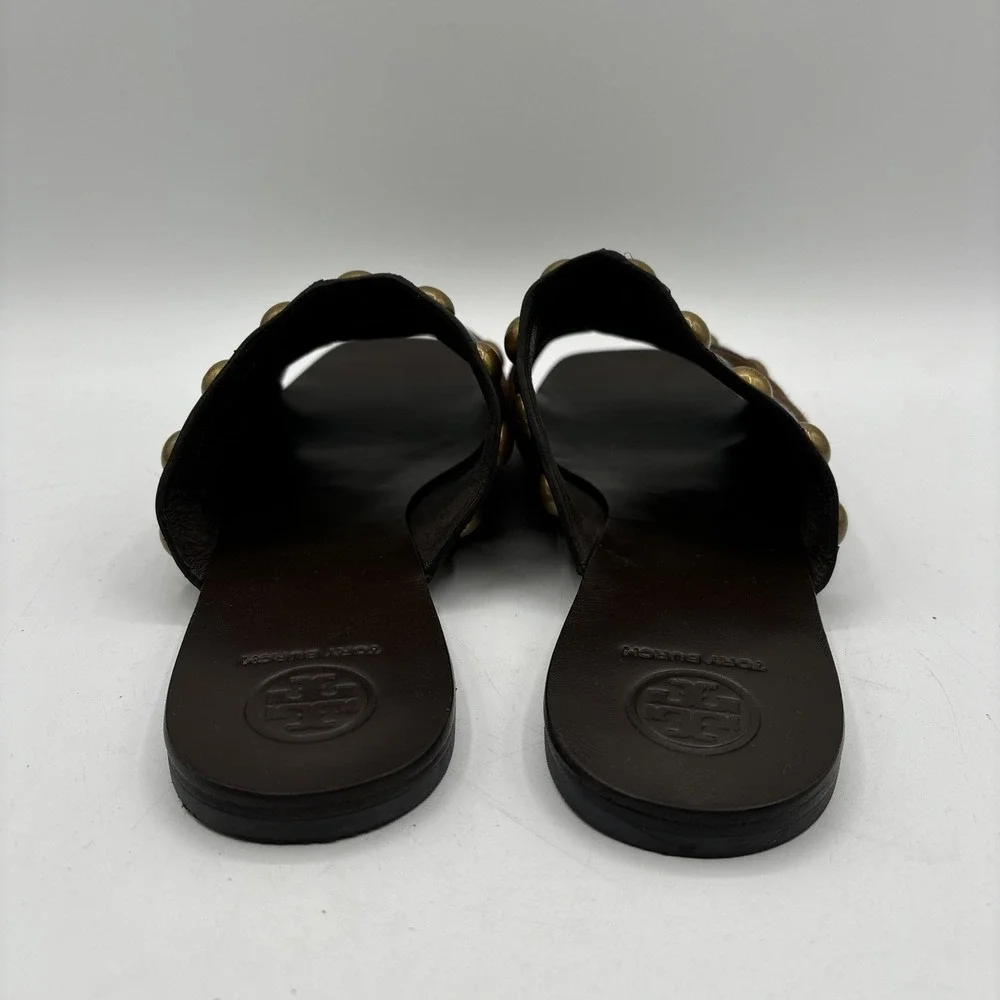 Tory Burch Blythe Slide Women's 7 M Suede Leather Sandals Beige Gold Studded